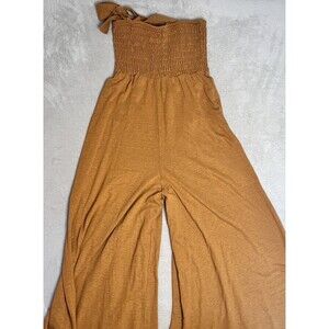 Free People Beach Homecoming Wide Leg Smocked Jumpsuit in Tan Neutral XS